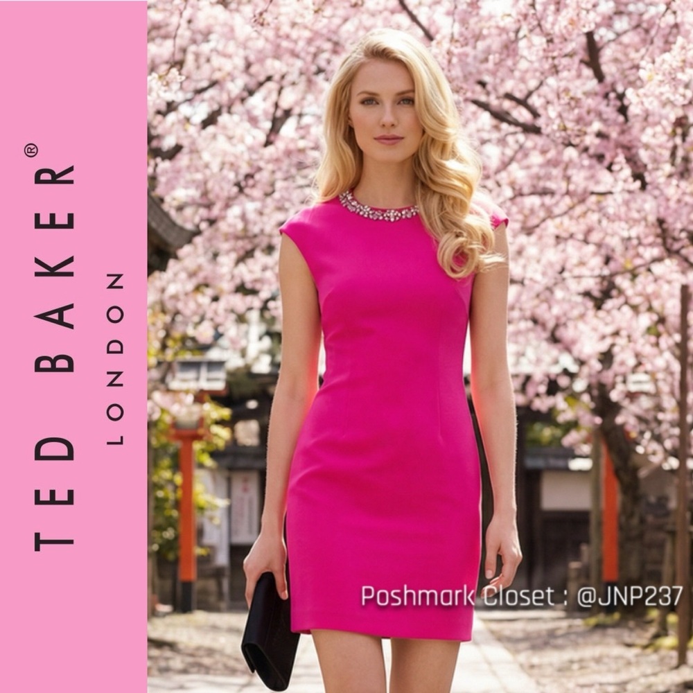 { Ted Baker } “Betiana” Embellished Sheath Mini Dress in Hot Pink